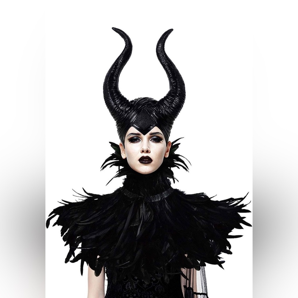 Gothic Black Crow Costume Feather Cape Shawl with Maleficent Horns Cosplay Set